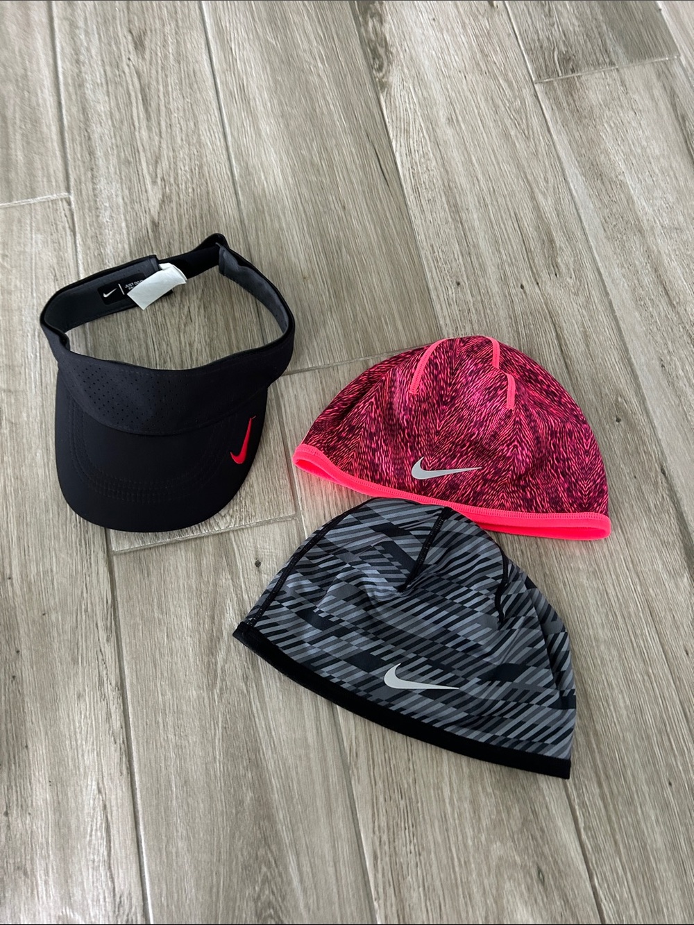 Nike bundle  Black Visor with Pink and Gray Nike Beanies